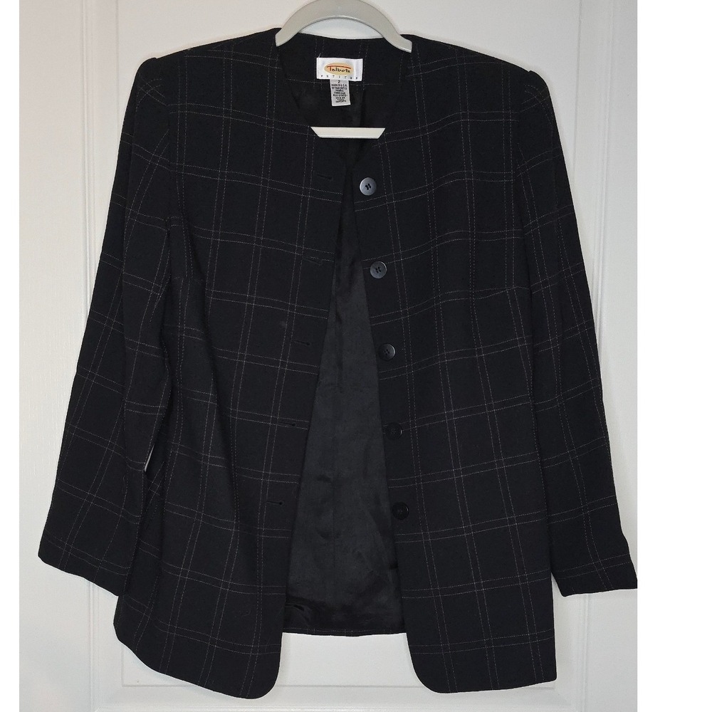 Talbots Petites Black Windowpane Plaid Wool Blend Collarless Blazer Jacket 2P